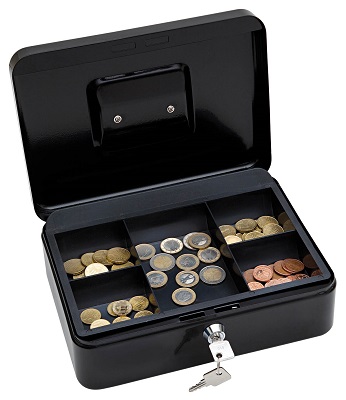 Cashbox en geldladen en geldkistjes.